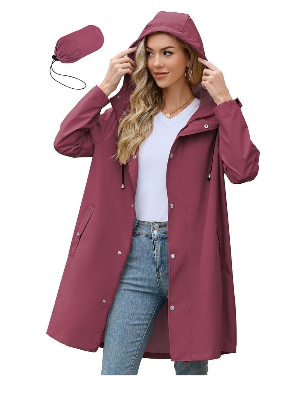Women's Relaxed-Fit Long Packable Rain Jacket Waterproof Lightweight Hooded